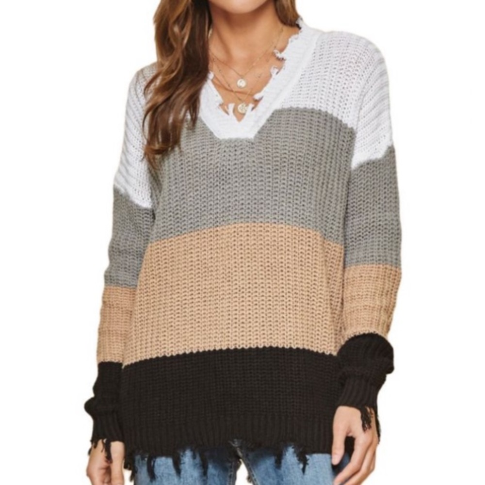Andree By Unit Colorblock Neutral Distress Sweater - image 2